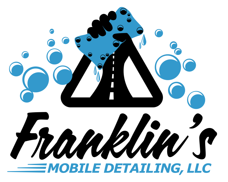 Franklin's Mobile Detailing Logo with hand holding sponge inside a triangle with a dotted line on arm with bubbles